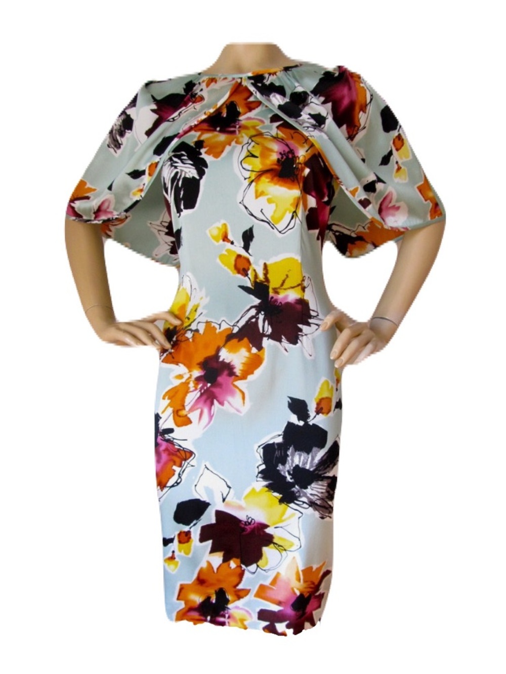 NWT St. John Floral Cape-Sleeve Sheath Dress Multicolor Floral Silk Blend Luxury